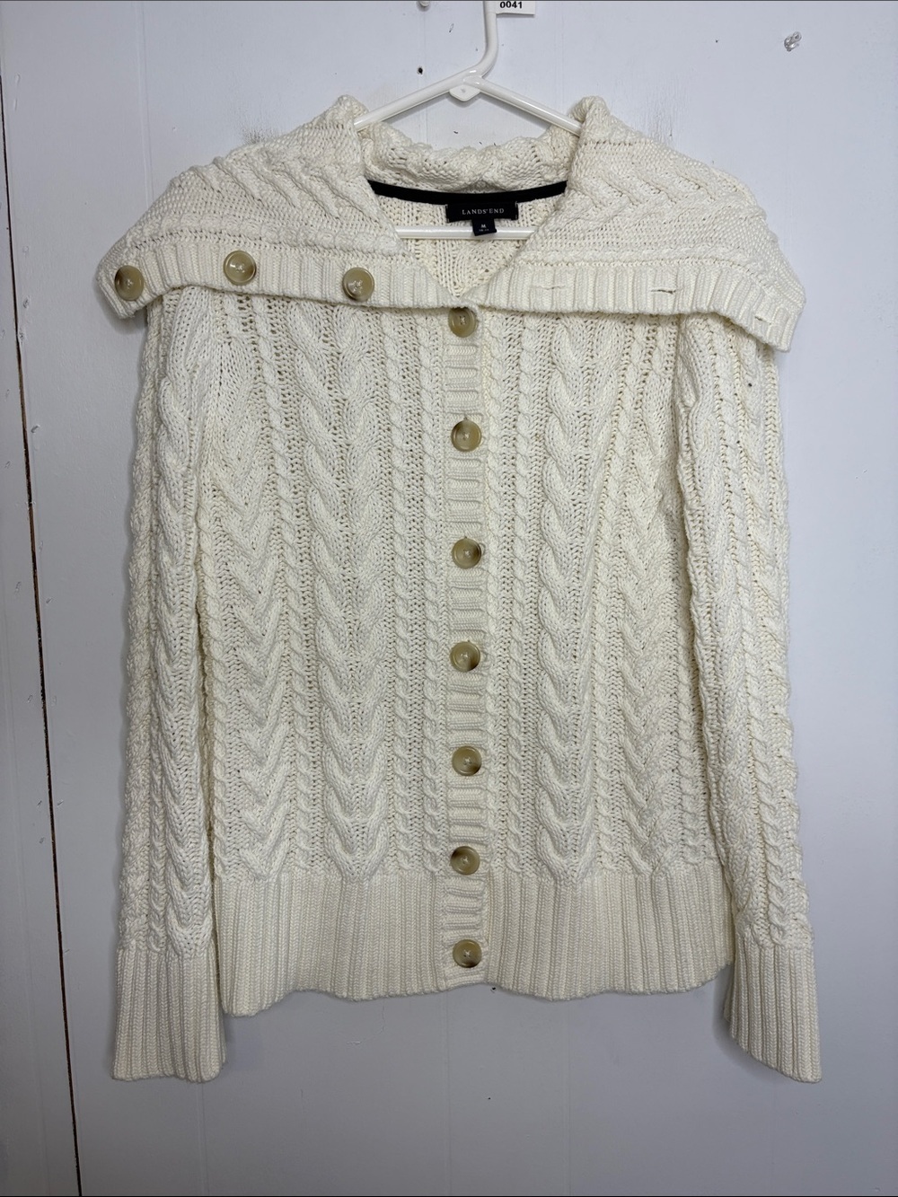 Lands End Sweater Womens Medium Cableknit Button Up Cardigan Fisherman Shawl